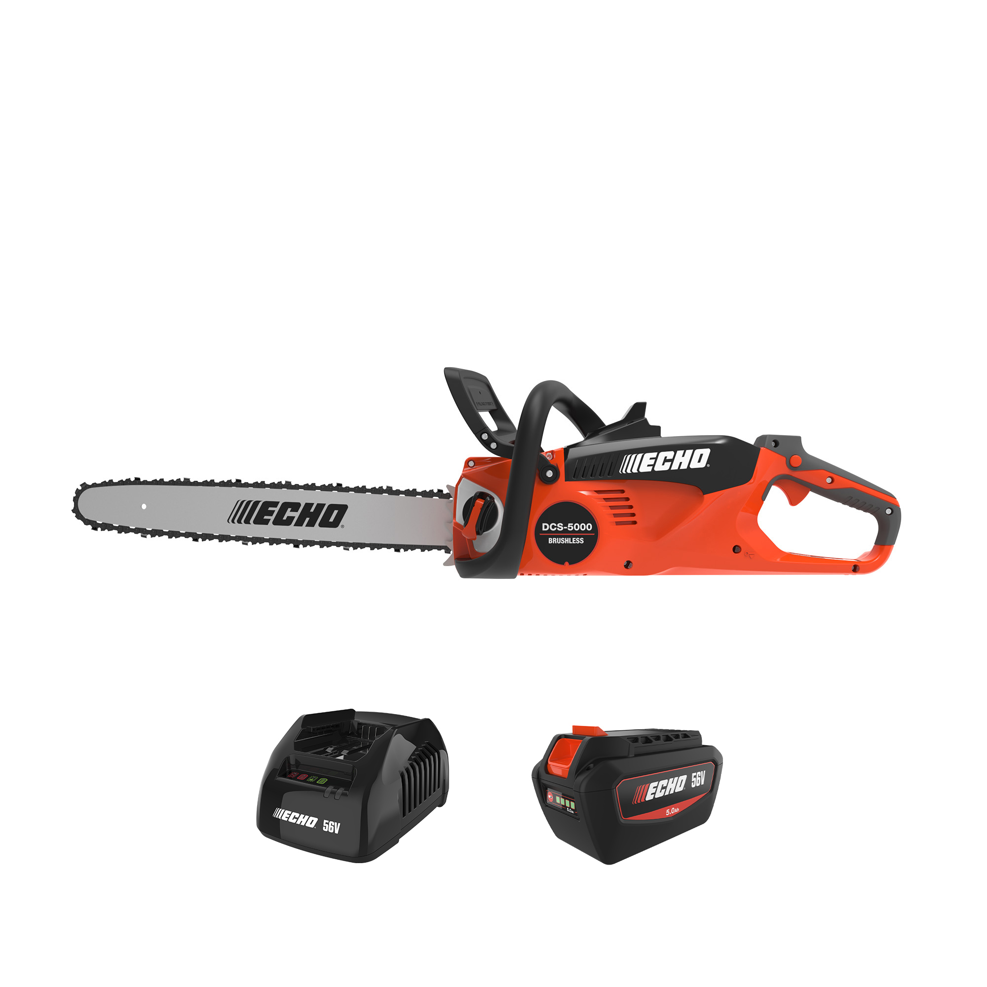 ECHO 56V Battery System, Battery-Powered Rear Handle Chainsaw, Bar Length 18 in, Volts 56, Includes 5.0Ah Battery and Standard Charger, Model# DCS-5000-18C2